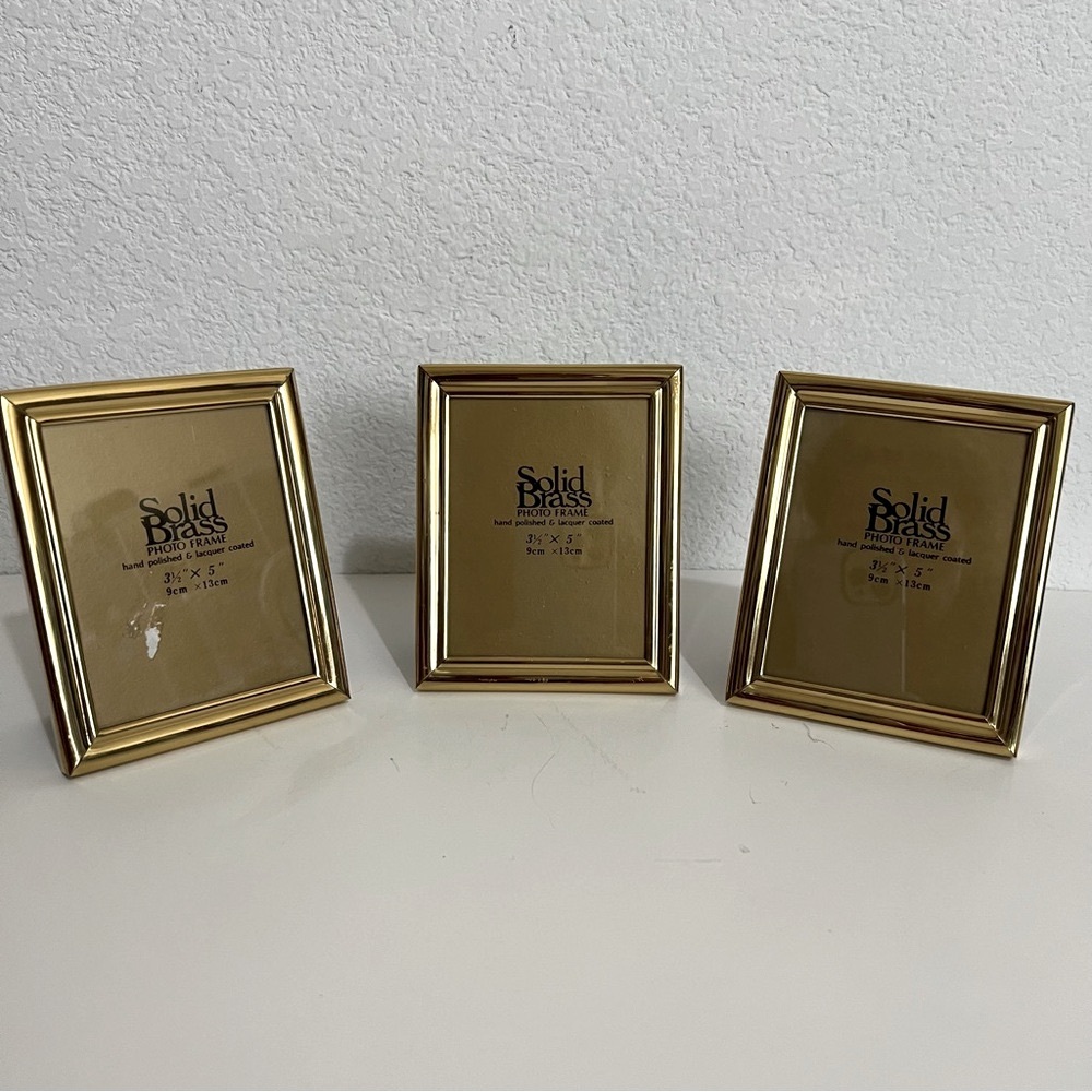 Solid Brass 3.5" x 5" Photo Frames Set of 3  Standing or Hanging Vintage